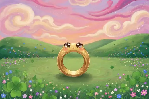 A smiling gold ring creature in a flower filled meadow
