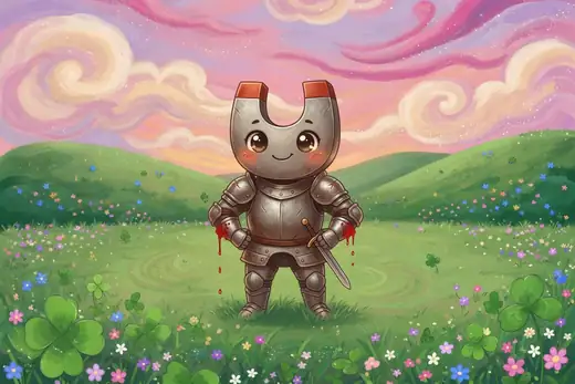 A smiling iron knight holding a sword in a meadow